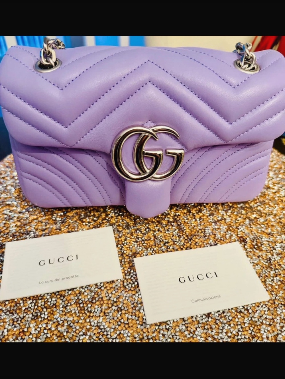 Gucci Lavender Chevron Leather Shoulder Bag with Double G Hardware